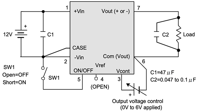 To reduce input impedance due to lead length between the supply and the converter, designers can add capacitor C1 on the terminal side. To further reduce noise, C2 can be added across the load  (Image source: Bellnix)